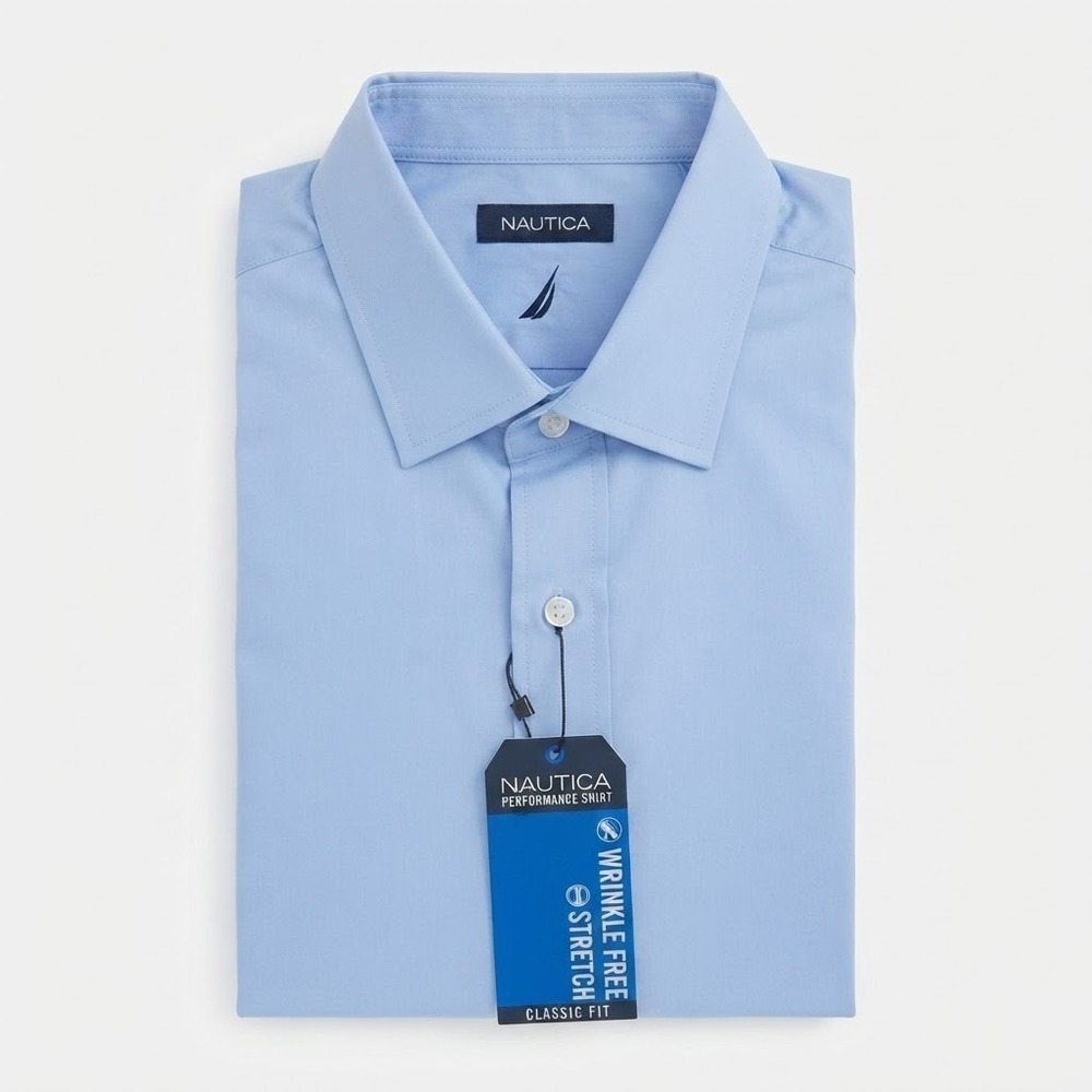 Nautica Dress Shirt Mens XL 17.5 34/35 Light Blue Stretch Wrinkle Free NWT $65